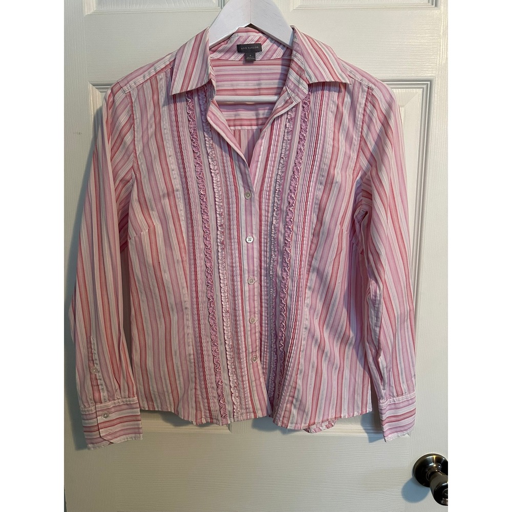 Ann Taylor Pink White Striped Button Down Blouse‎ Ruffle Detail Womens Medium